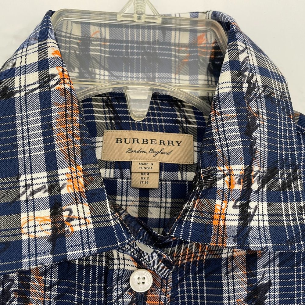 BURBERRY LONDON ENGLAND PLAID SILK BLOUSE SIZE 2 BLUES, BLACK, WHITE & ORANGE